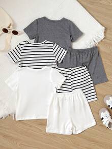 Playful Pals Bộ 6 món cho bé trai, kiểu dáng thường ngày, dễ thương, màu trơn, kẻ sọc, in chữ, tay ngắn cổ tròn và quần short cạp chun, mềm mại và thoải mái, thích hợp cho các hoạt động ngoài trời mùa xuân/hè, ở nhà và mặc hàng ngày. - Nhiều màu - Xem 2