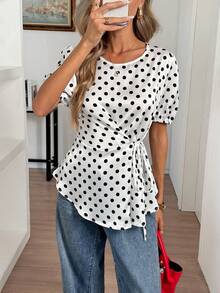 Elyressa Ladies' Woven French Polka Dot Commuter Summer Shirt - White - View 1