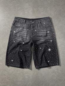 ROMWE MEN Men's Casual Fashion Street Rhinestone Washed Denim Shorts, Summer - Black - View 1