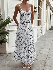 Livesso Đầm midi cổ chữ V chấm bi cho nữ, thích hợp đi nghỉ mát mùa hè. - Đen và trắng - Xem 4