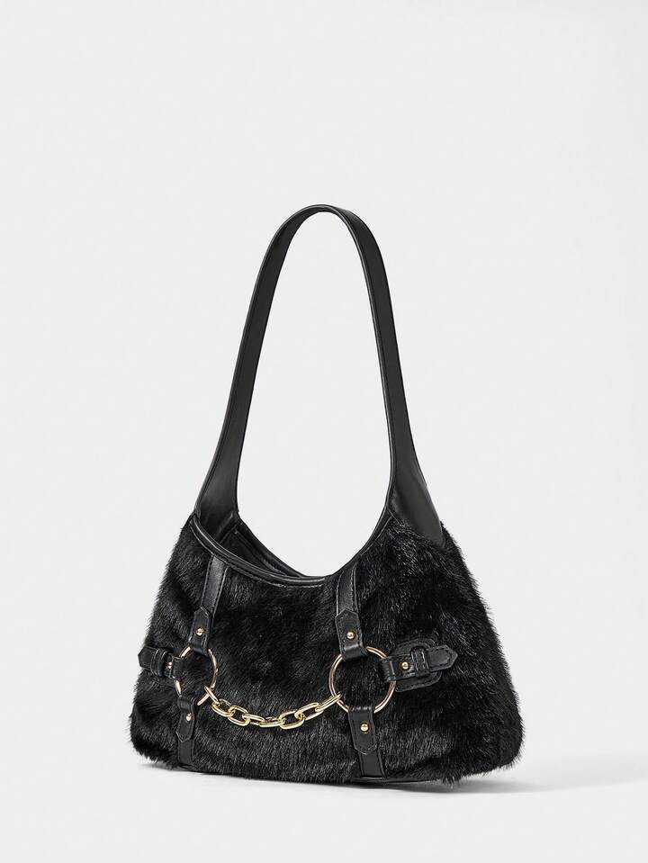 Our Grunge Punk Y2K Faux Fur Shoulder Bag With Chain Detail, Punk