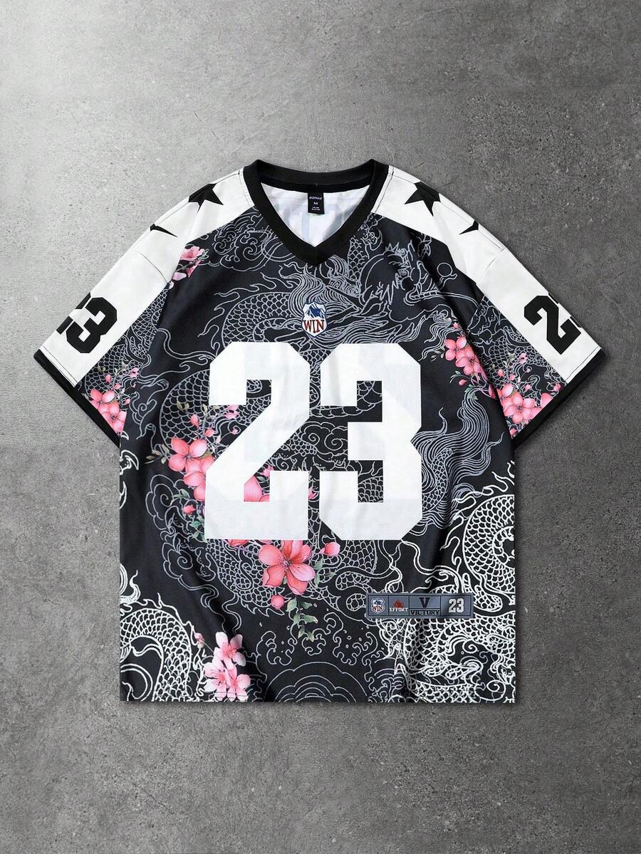 ROMWE MEN Prep 男士标语印花短袖T恤，适合日常穿着，春夏款 - 黑色 - 查看 1