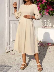 SHEIN 孕妇纯色圆领灯笼袖褶皱休闲连衣裙 - 杏色 - 查看 3