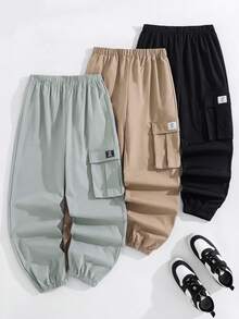 SHEIN Bộ 3 quần ống rộng màu trơn, có dây rút, thích hợp cho nam thiếu niên, mặc hàng ngày, đi học, du lịch, thể thao, mùa xuân/hè/thu/đông. - Nhiều màu - Xem 2