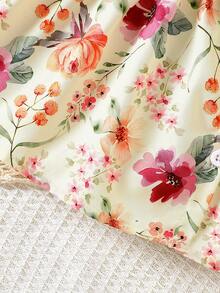 SHEIN 2件套女婴/幼儿可爱水彩花卉印花无袖连衣裙和发带套装，夏季 - 杏色 - 查看 4