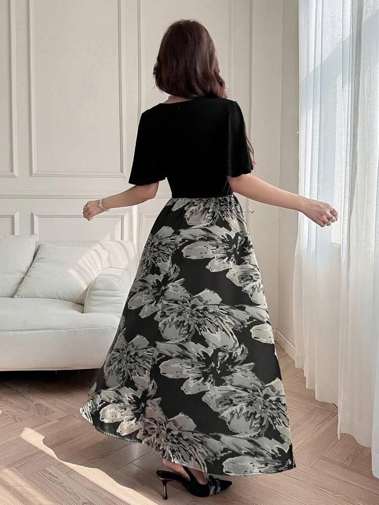 Spring & Summer Floral Print Dress, Elegant Fit & Flare Midi Dress With Flare Sleeves, Suitable For Valentine's Day, Wedding, Party, Formal Occasion, Commute Sundress