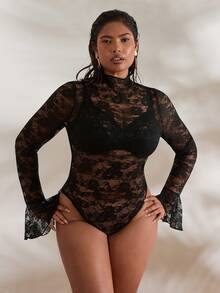 SHEIN BAE Áo liền thân gợi cảm cổ đứng ren xuyên thấu cỡ lớn dành cho người có thân hình đầy đặn - màu đen - Xem 1