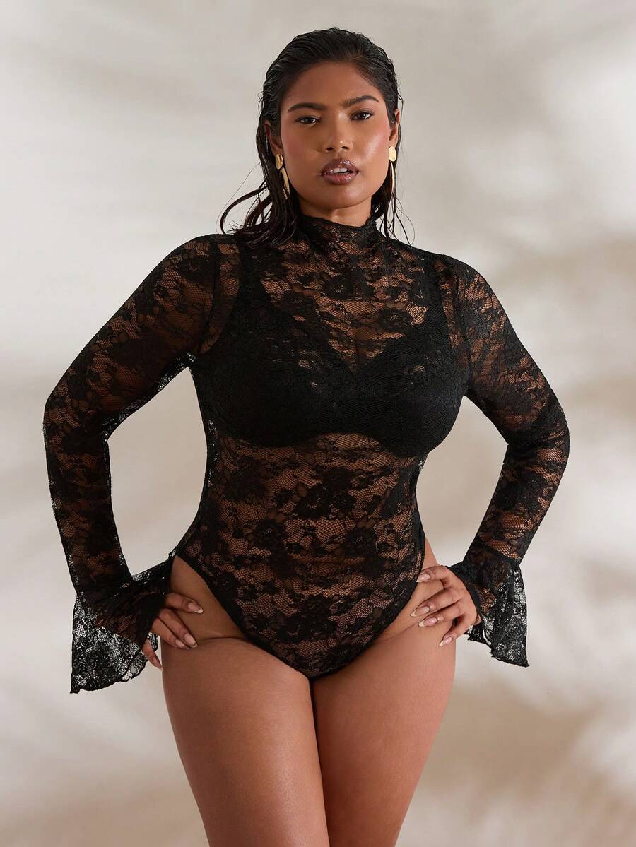 SHEIN BAE Áo liền thân gợi cảm cổ đứng ren xuyên thấu cỡ lớn dành cho người có thân hình đầy đặn - màu đen - Xem 1