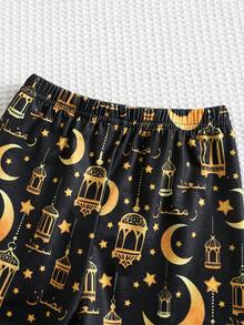 SHEIN 2pcs/Set Baby Boy/Girl Star & Moon Pattern T-Shirt And Patterned Shorts Pajama Set, Suitable For Home And Outdoor Wear - Multicolor - View 8