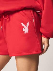 Missguided x Playboy 女士抽绳运动短裤，印花图案，侧边口袋，休闲居家服，夏季运动服 - 紅色 - 查看 4