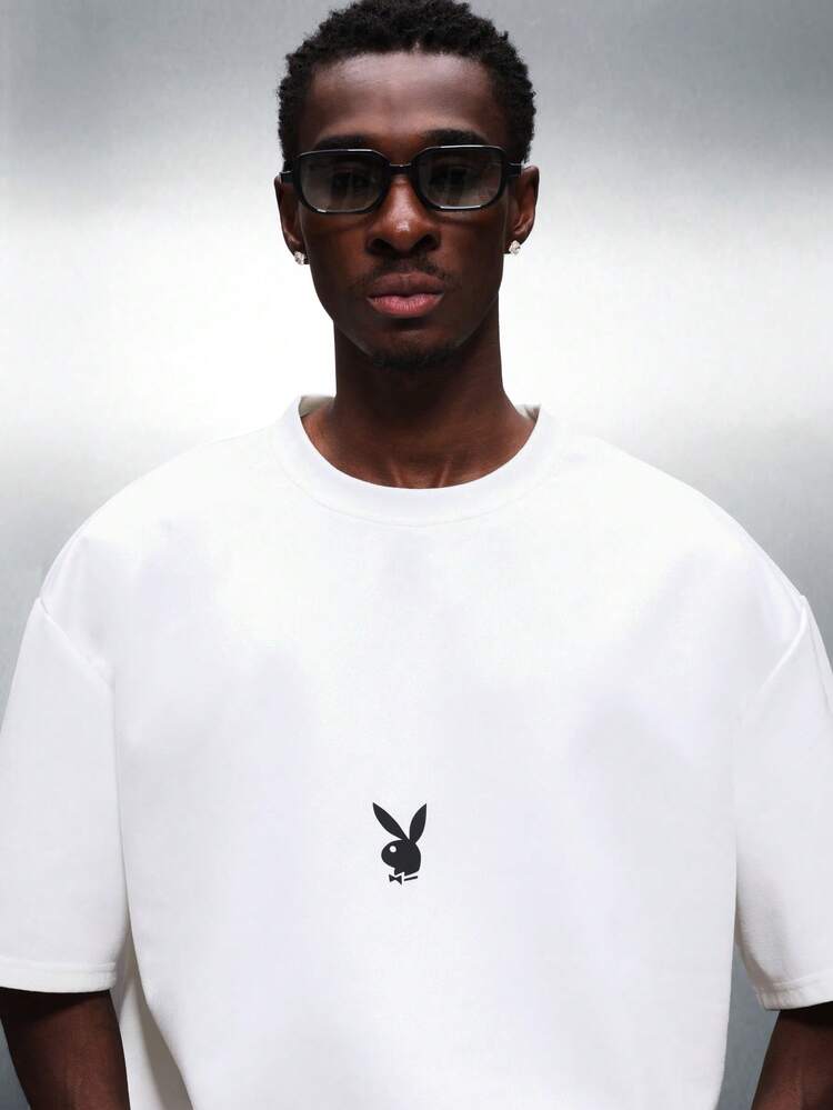 PLAYBOY X SUMWON Crop Fit Short Sleeve Crew Neck T-Shirt With Small Bunny Logo Chest Print Casual Boxy Style Summer Top