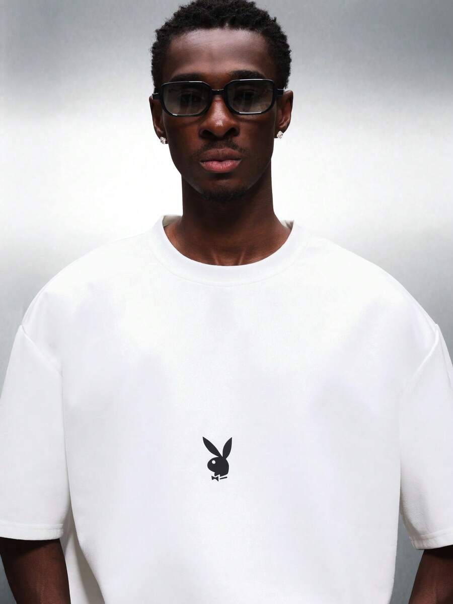 PLAYBOY X SUMWON Crop Fit Short Sleeve Crew Neck T-Shirt With Small Bunny Logo Chest Print Casual Boxy Style Summer Top - White - View 1