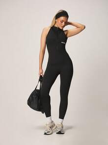 Missguided x Playboy Women High Neck Zipper Halter Active Jumpsuit With Cutout Back And Fitted Leggings For Gym Training - Black - View 4