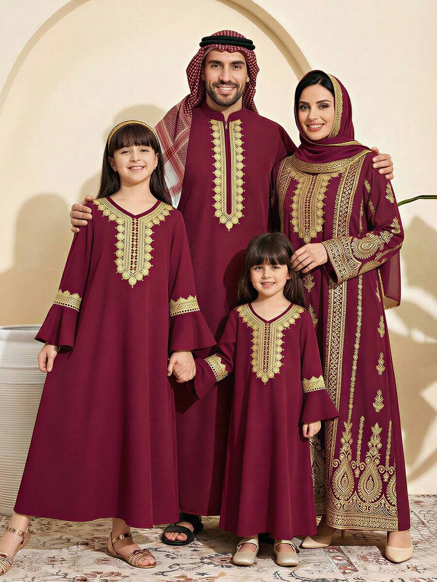 Women & Teenage Girls' Robe: Burgundy Base With Golden Lace Embroidery, V-Neck + Flare Sleeves, Elegant & Vintage, Suitable For Traditional Arab Clothing, Abaya, Ramadan Family Gatherings - Red - View 1
