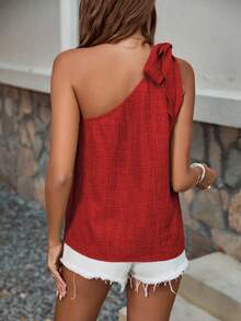 Breezaya Áo sơ mi dáng rộng thoải mái, vai lệch, màu trơn, thích hợp cho mùa hè. - Đỏ - Xem 2