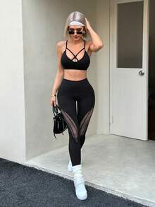 Slayform Slayform Conjunto deportivo sin costuras para mujer, sujetador sexy, leggings levantadores con recortes, conjunto deportivo - Negro - Ver 5
