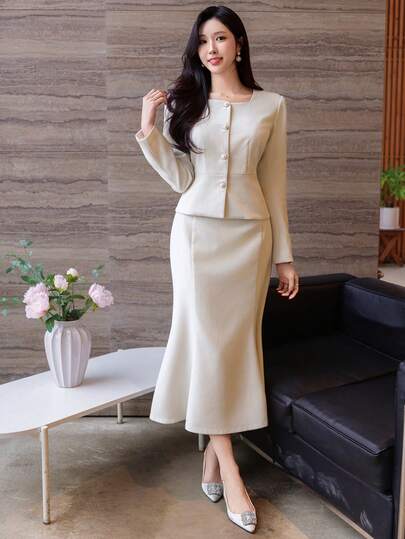 DAZY 女士优雅纯色方领系带外套和半裙两件套，春夏款