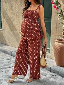 SHEIN 2件套孕妇休闲波点印花吊带背心套装，夏季 - 棕色 - 查看 4