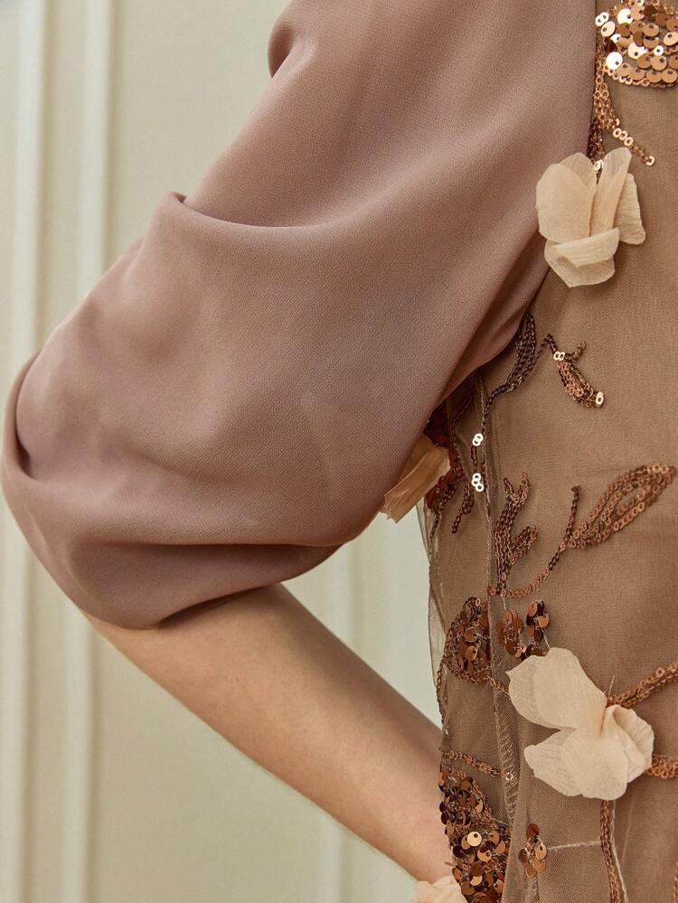 Women's Fashion Sequin 3D Floral Button Long Sleeve Shirt Carnival Business Casual Woman