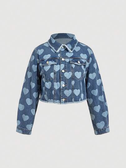 Sweetra Plus Size Women Retro Heart Print Long Sleeve Denim Jacket, Fashionable & Age-Reducing