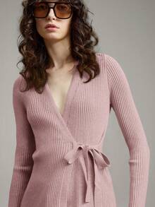 Ontre Women's Casual Knitted Ribbed Tie-Front Cardigan, Versatile For Daily, Commuting, Business, Party, Dating, Elegant Summer Top - Pink - View 4