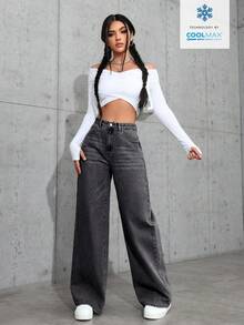 SHEIN Jeanoir Quần jeans ống đứng dáng rộng, màu trơn, cạp thấp, thời trang, thường ngày. - Màu xám đen - Xem 5
