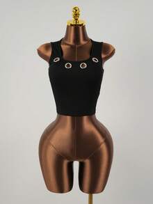 SaltGleam SaltGleam Women's Fashion Personalized Minimalist Sleeveless Hollow-Out Top - Black - View 4