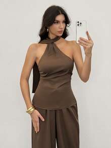 SHEIN Tall 露背系带+收腰上衣，女士低腰休闲复古缎面百搭棕色美拉德色长款上衣 - 棕色 - 查看 8