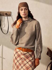 Chiquease Solid Color High Neck Dropped Shoulder Long Sleeve Loose Casual Knit Sweater - Khaki - View 6