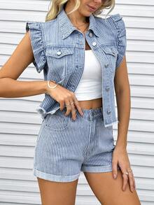 GlowEve Quần short denim kẻ sọc kiểu dáng thường ngày dành cho nữ, mùa hè. - Màu xanh lam - Xem 6