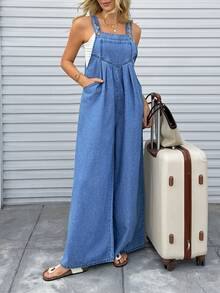 EMERY ROSE Women's Fashion Casual Pocket Denim Bib Pants - Blue - View 3