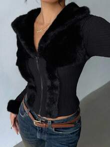 Aloruh 女士秋冬外套，仿毛领拼接设计，复古Y2K时尚外套 - 黑色 - 查看 5