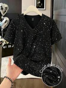 EMERY ROSE 大码女式V领短袖T恤 - 星空印花，可机洗，四季皆宜，睡衣短袖组合，百搭单品，V领上衣，易护理面料 - 黑色 - 查看 3