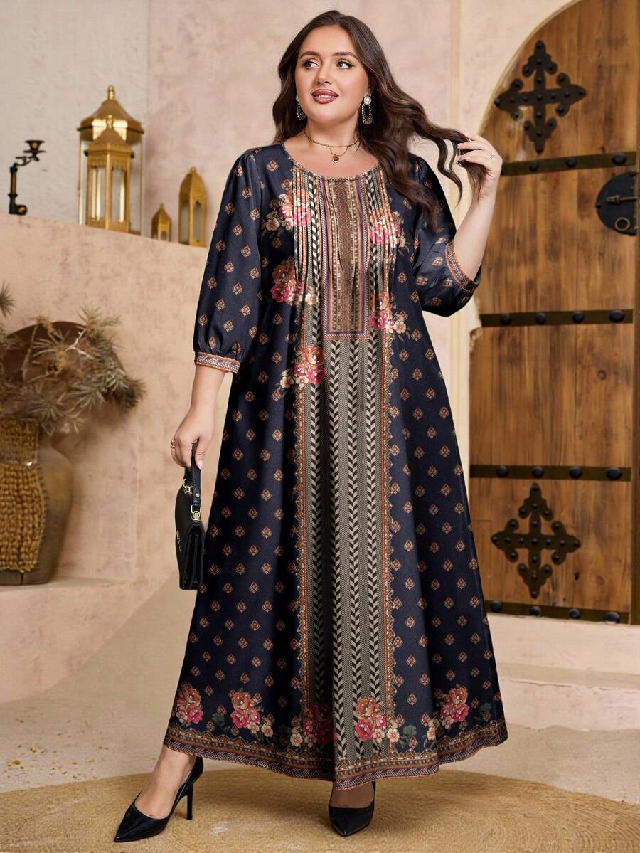 Al Najma 大码女式花卉植物图案人字纹数码印花时尚圆领褶裥设计春季中长袖收腰喇叭下摆长裙 - 彩色 - 查看 1