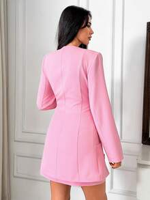 EURMUSE Women's Rhinestone Decor Square Neck Long Sleeve Single-Breasted Jacket And Midi Skirt Elegant Suit - Baby Pink - View 2