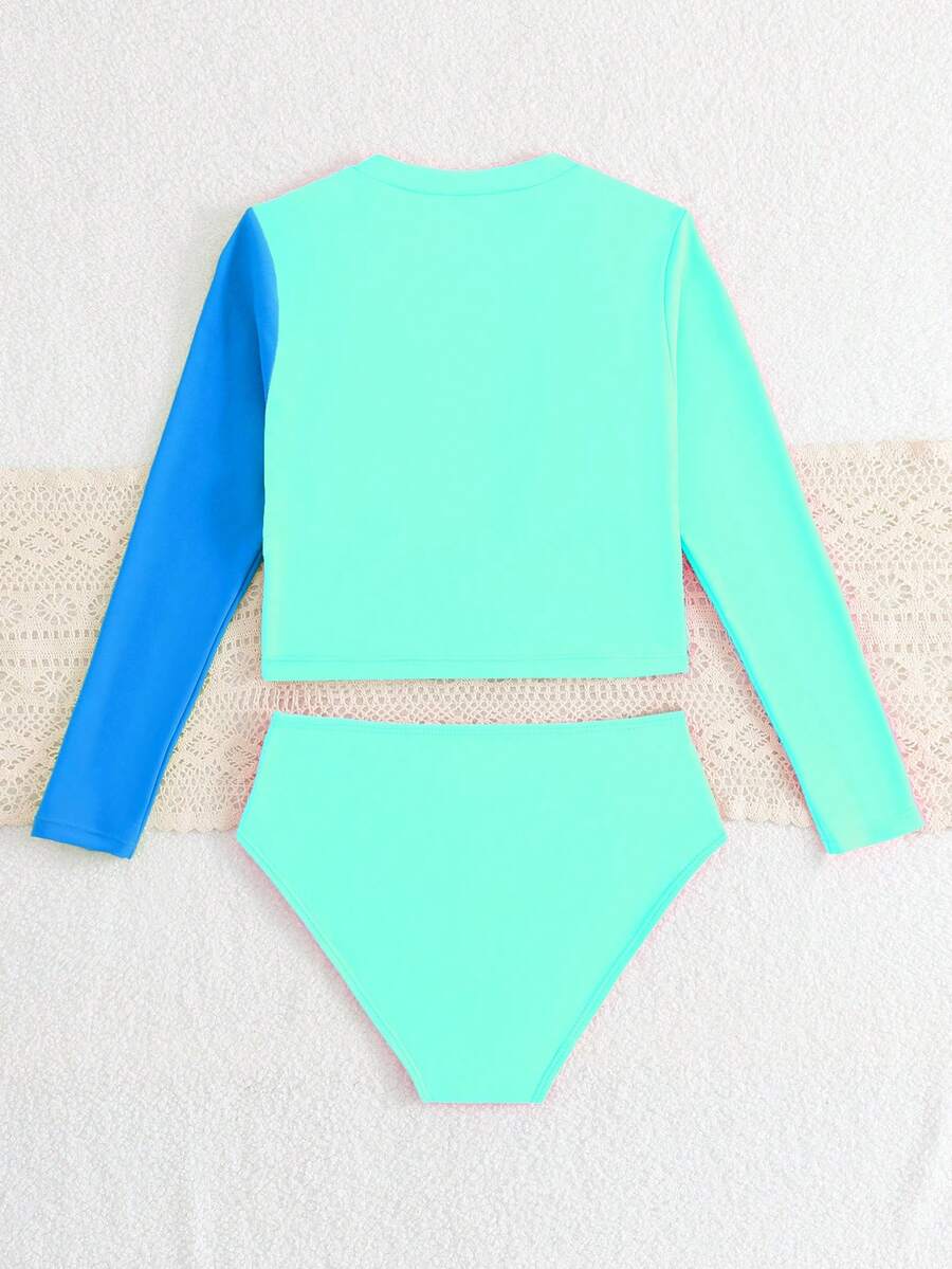 SHEIN Tween Girls' Tankinis These Two-Piece Long-Sleeve Sun-Protective Tankinis For Tween Girls Are Ideal For Beach And Seaside Getaways. Featuring A Stylish Color-Blocked Purple Design And Crafted From Knitted Fabric, They Boast A Chic, Casual, Elegant And Glamorous Ladylike Aesthetic. Perfect For Swimming, Summer Vacations, Beach Outings, Pool Visits, Summer Holiday Parties And Casual Leisure Trips - Baby Blue - View 1