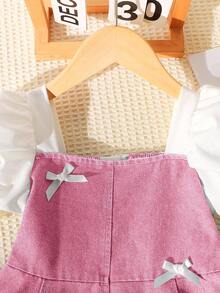 SHEIN Playful Pals 女童粉色丹寧公主洋裝，夏季派對穿搭，適合7歲生日，短澎袖方領修身 A 字裙，附蝴蝶結裝飾 - 粉色 - 查看 5