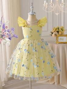 SHEIN Glamorique Kids 少女优雅吊带荷叶边短袖刺绣网纱层叠A字公主裙，适合节日派对、生日礼物、度假、夏季穿着 - 藍色 - 查看 4