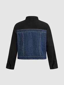 SHEIN CURVE+ 大码女式撞色长袖单排扣休闲牛仔外套，适合春季、圣诞节、新年、感恩节、通勤、度假、毕业典礼等场合，时尚百搭，充满Y2K风格，可爱街头风，适合派对、婚礼、商务休闲等各种场合。 - 藍色 - 查看 2