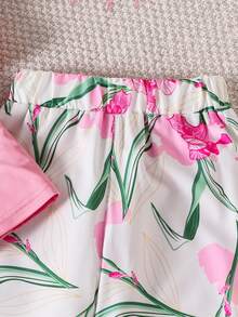 Elladie kids Bộ đồ 2 món cho bé gái gồm áo tay bồng và quần ống đứng in họa tiết, thích hợp cho kỳ nghỉ, dã ngoại và mặc thường ngày. Bộ đồ hoa mùa hè, set đồ hai mảnh cho bé gái, quần áo mùa hè, set đồ nhiệt đới cho bé gái, set quần và áo ống loe, set đồ phối hợp nhiệt đới cho bé gái. - Hồng - Xem 9