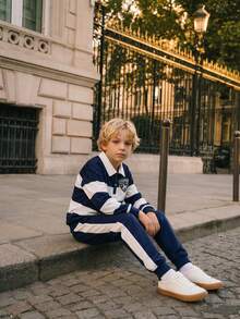 Casuvi Kids 5-Piece Set: Casual Striped & Plaid Letter Print Polo Collar Long Sleeve Sweatshirt + Elastic Waist Jogger Pants, Loose Fit, Suitable For Boys, Spring/Summer/Autumn, Versatile For Daily Wear, Birthday Party, School Activities, Family Gathering, Formal Occasions - Multicolor - View 5