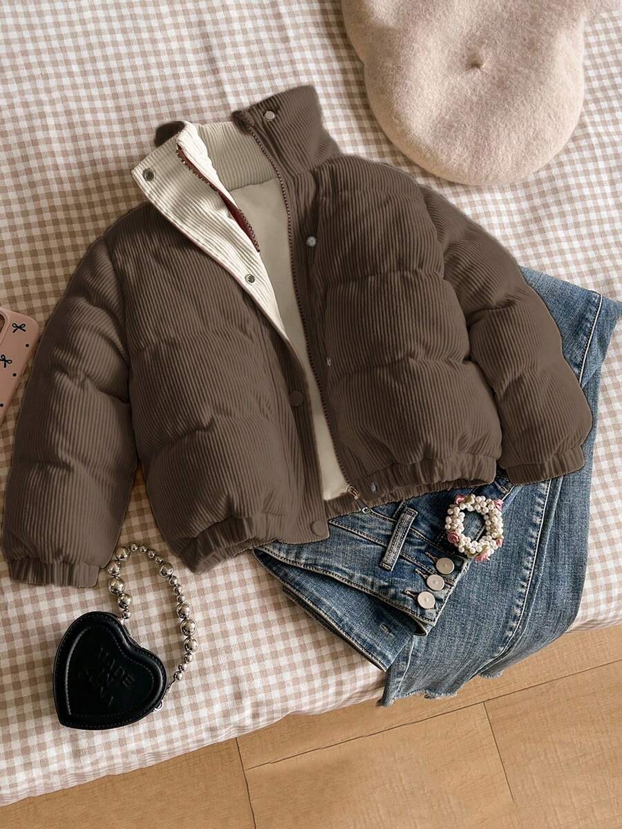 小女孩可爱棕色灯芯绒领加厚棉服,撞色内衬,纽扣闭合,厚棉冬装 - 咖啡棕 - 查看 1