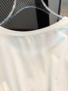 SHEIN PETITE CURVE 大码女式纯色镂空水钻装饰圆领针织短袖上衣 - 白色 - 查看 4