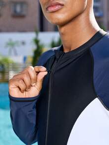 Manfinity VDAYZ Men's Contrast Color Zipper Long Sleeve One-Piece Swimsuit Men's Fashion Beach Couple Swimsuit It Is Great For Couples And Makes An Excellent Gift Idea For Boyfriends Or Husbands