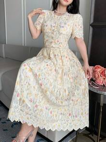 DAZY Bộ 2 chiếc váy maxi nữ thanh lịch, viền ren hoa, thắt eo, phong cách boho, thích hợp cho kỳ nghỉ. - Màu be - Xem 5