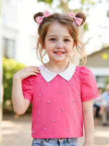 Elladie kids 4-7岁女童淑女风白色小领玫红色泡泡袖串珠前襟上衣，适合春夏日常穿着、户外活动、休闲外出 - 玫紅色 - 查看 5