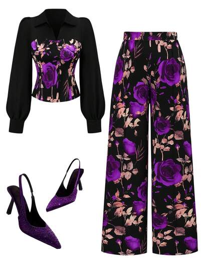 Rometta Plus Size Women's Floral Print Patchwork Long Sleeve Top And Straight Leg Pants 2 Pieces Set, Fashionable & Elegant, Suitable For Party