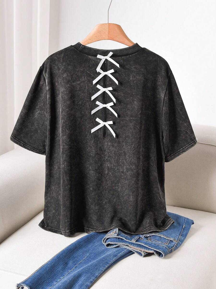 CosyJoli Hollow Back Bowknot Knitted T-Shirt - Black - View 1