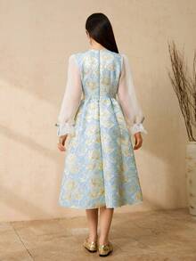 Teen Girls Sky Blue Elegant Summer Midi Dress,Jacquard Patchwork Sheer Lantern Long Sleeve Modest Dress For Party,Wedding,Prom,Birthday,Banquet - Blue - View 2