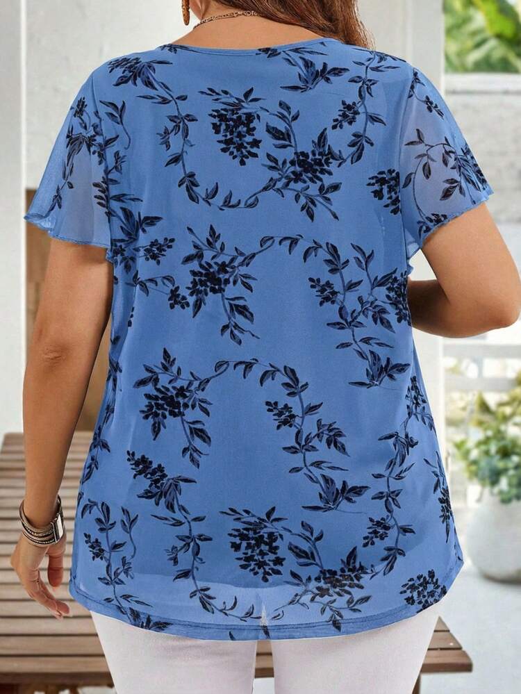 Plus Size Women's Summer Casual Vacation Short Sleeve Floral Print Tunic Blouse Top, Indigo Blue For Holiday,Summer Holiday,Vacation,Simple And Fashionable For Everyday Wear,Spring Break,Vacation,Holiday,Going Out,2026 New,Simple And Fashionable For Everyday Wear, Blue Floral Top